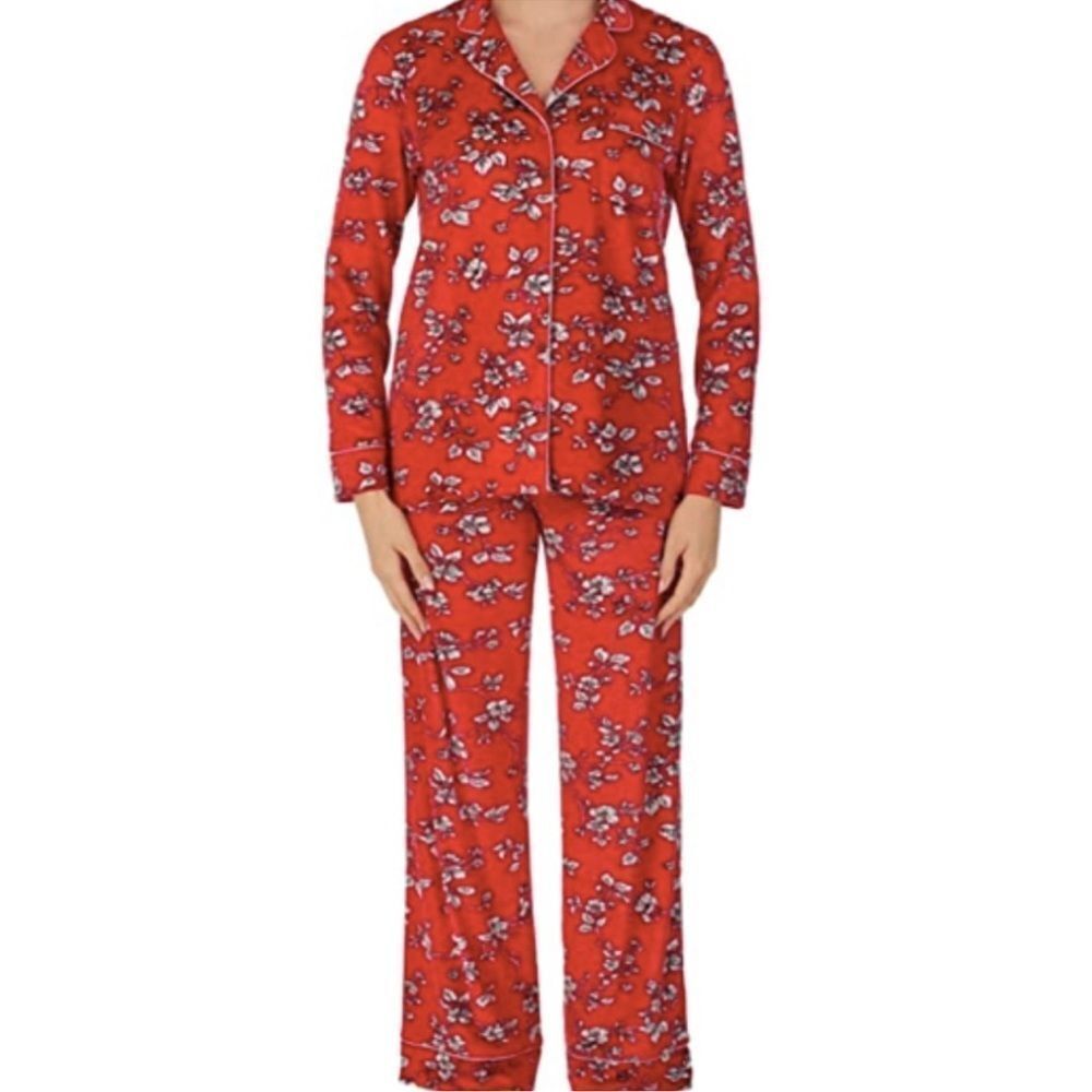 ST L Red Gray Pink Black Floral Velour Long Sleeve Notch Collar Pants PJ Set